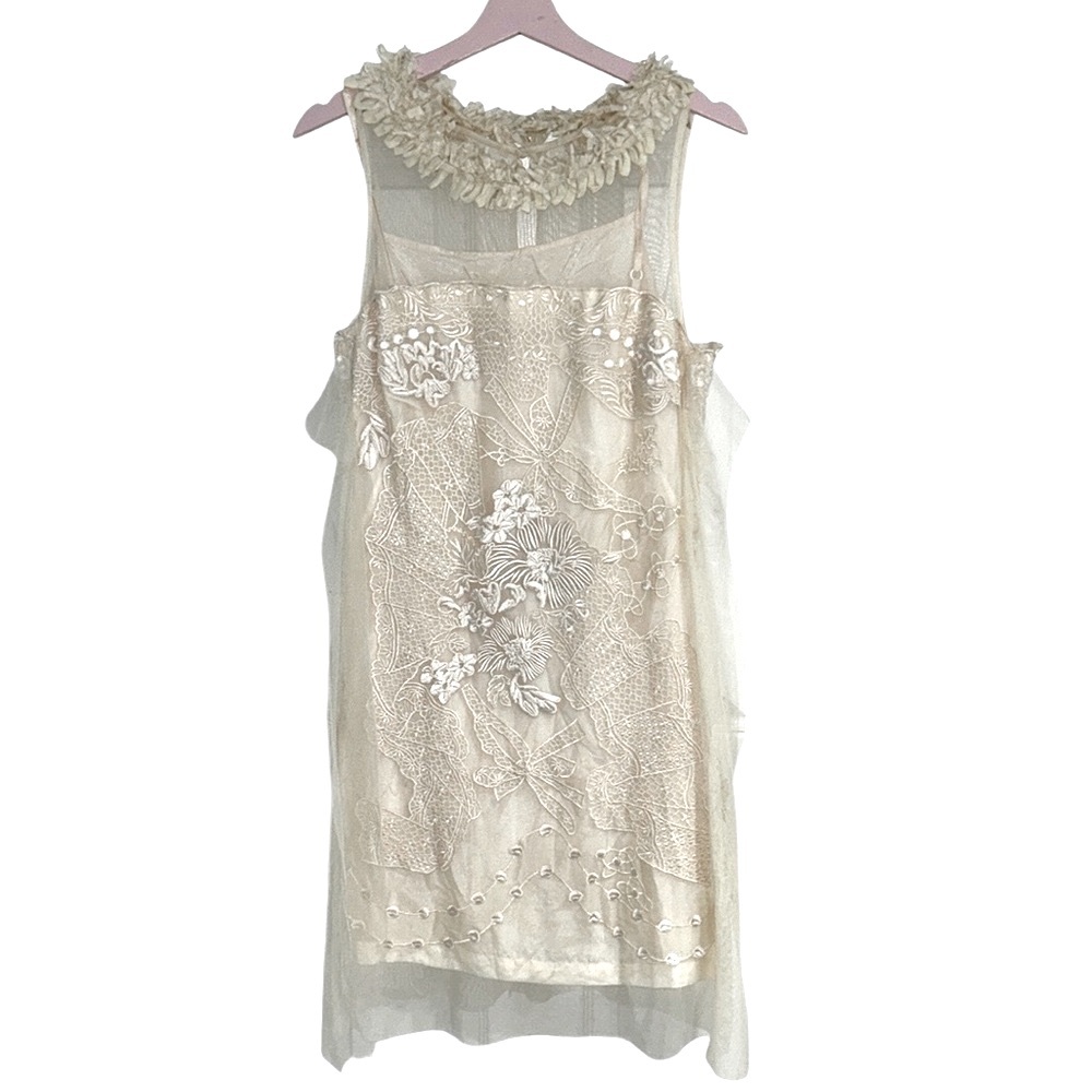 RARE Anthro Yoana Baraschi Vintage Ivory Embroidered Tulle Lace Slip Dress - 10